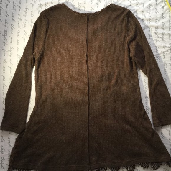 Long Top/Sweater Dress Knit With Lace and Sheer Overlay Chocolate Brown XL - Picture 2 of 14